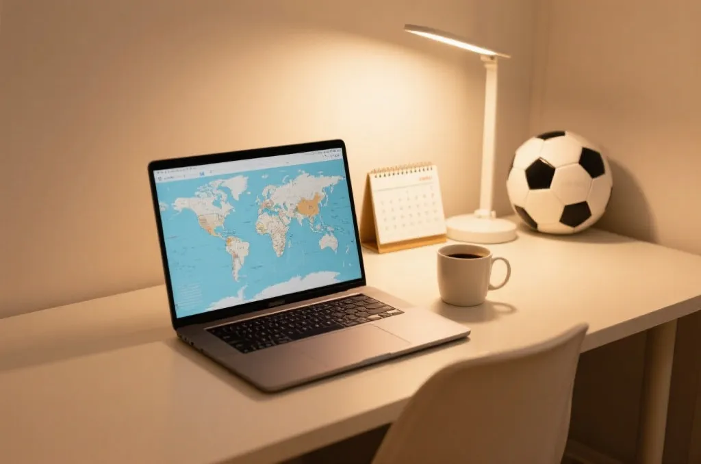 A clean workspace with a laptop showing a global map and a calendar, representing travel planning