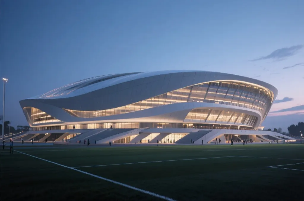 A grand wide-angle architectural rendering of a massive modern soccer stadium illuminated at dusk