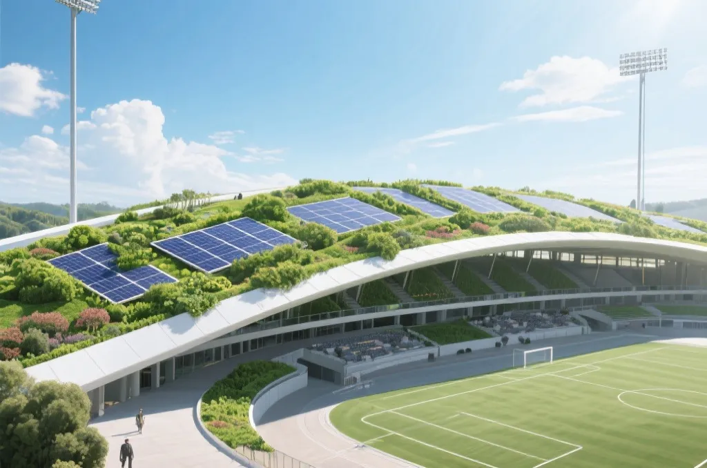 An eco-friendly modern sports stadium roof covered in lush green vegetation and integrated solar panels